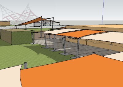 Darstellung der gesamten Terrasen - und Spielflächen mit 3D Entwurf für insgesamt 11 Saisonsegel.